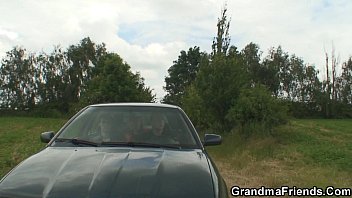 Granny and boys teen outdoor threesome